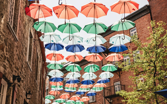 Lot of Umbrellas in Petit Champlain street Quebec city, Canada