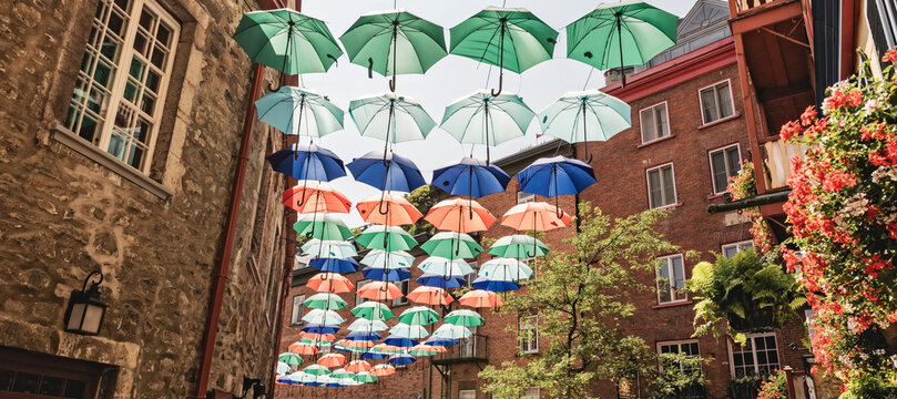 Lot of Umbrellas in Petit Champlain street Quebec city, Canada