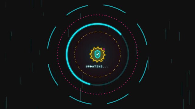 Digital software update animation featuring progress ring loading indicator on dark abstract background.