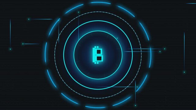 Digital bitcoin logo animation in futuristic technological HUD interface with glowing blue light rings.