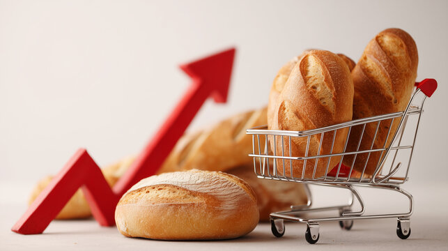 Fresh bakery products in a shopping cart with upward red arrow representing rising food prices, inflation, consumer spending, supermarket costs and economic market trends.