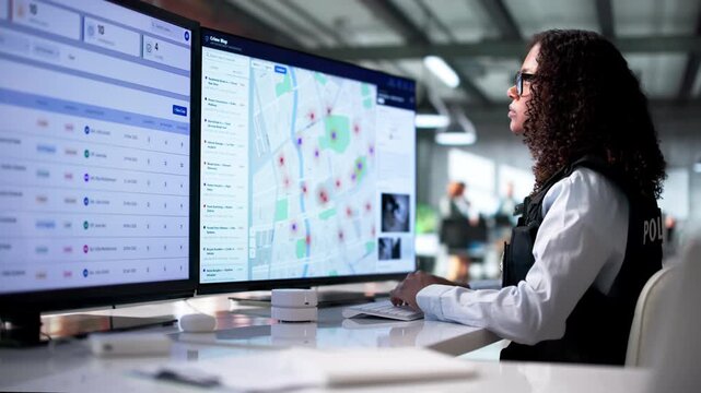 Police Analyst Studies Crime Maps Using Geospatial Software