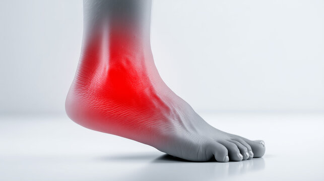 Close-up of a painful swollen ankle with highlighted inflammation. Medical concept illustrating ankle injury, sprain, ligament pain, sports trauma, rehabilitation and orthopedic healthcare.