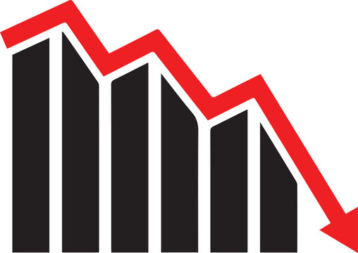 Bar chart with falling red arrow showing financial loss and market crash vector illustration isolated on white background