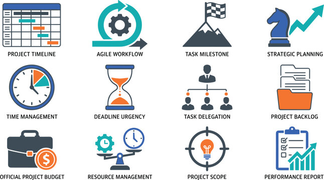 Flat project management and corporate business workflow vector icons set featuring timeline agile methodology milestone strategy time deadline delegation and budget symbols