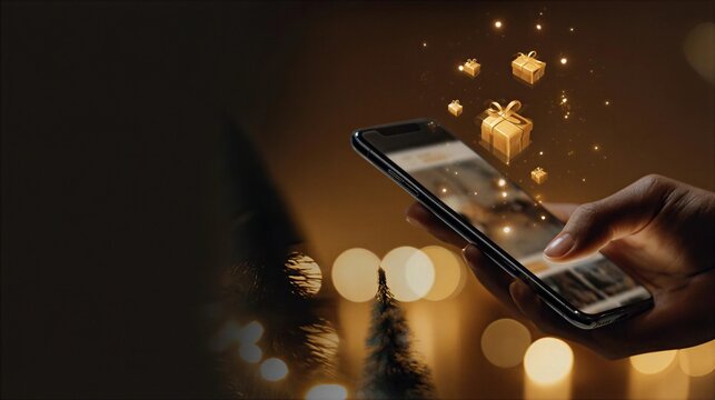Person using a phone to shop online with gift icons during a festive season