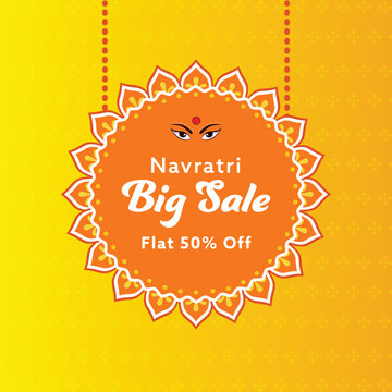 Happy Navratri Big Sale Poster with Flat 50 Percentage Discount Offer on Yellow Floral Background Illustration.