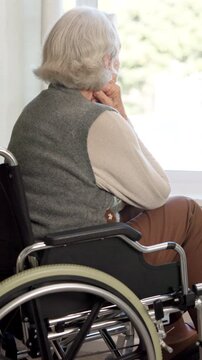 Nursing home, thinking and old woman in wheelchair, sad and contemplating decision or remember past. Retirement, regret and senior person with disability, back and reflection with bad memory in house