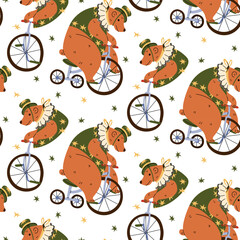 Colorful seamless pattern illustration featuring cute circus bear riding a unicycle and tricycle with stars. Flat contour artwork, perfect for kids nursery wallpaper, circus themed party decor © Svetlana
