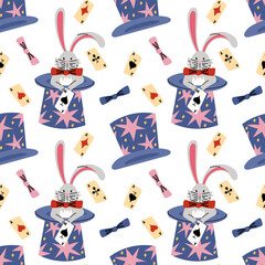 Naklejka premium Colorful seamless pattern illustration featuring magician rabbit popping out of top hat holding playing cards with bowties and stars. Flat artwork, perfect for magic show party decor, circus theme