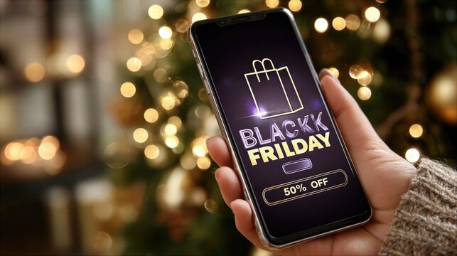 Smartphone displays Black Friday sale with discount in holiday setting