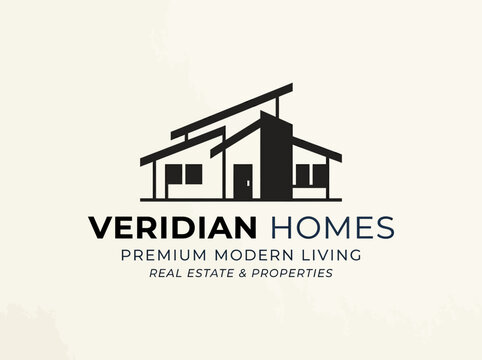 Veridian Homes logo featuring a modern architectural house design with clean lines and premium real estate text for property branding