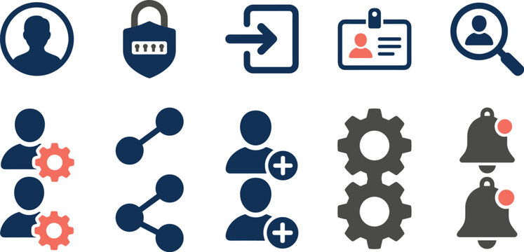 Minimalist human resource and admin user profile vector icons including password padlock login badge magnifying glass gears and notification bell icons