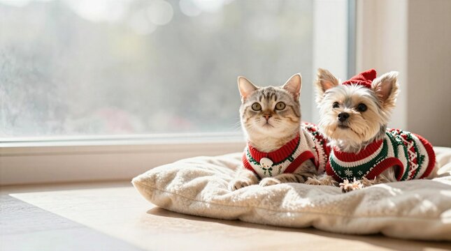 A cat and a dog relax on a cushion near a window