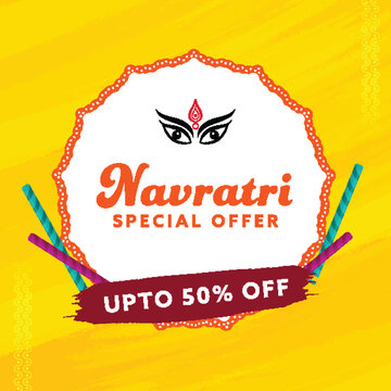 Happy Navratri Special Sale Poster with Up to 50 Percentage Discount Offer, Dandiya Sticks on Yellow Background Illustration.