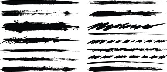Naklejka na ściany i meble Collection of abstract black ink brush strokes and gritty lines with abstract isolated distressed calligraphy splatter handwritten brushwork