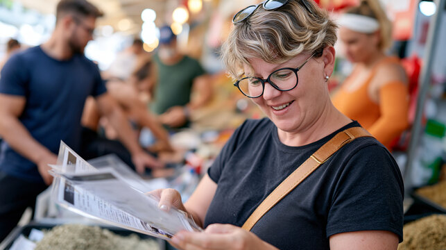 Vibrant spice market backdrop where an auditor with a leather satchel reviews financial compliance paperwork at a temporary table, athletes stretching behind her stall, sport event audit process, fi