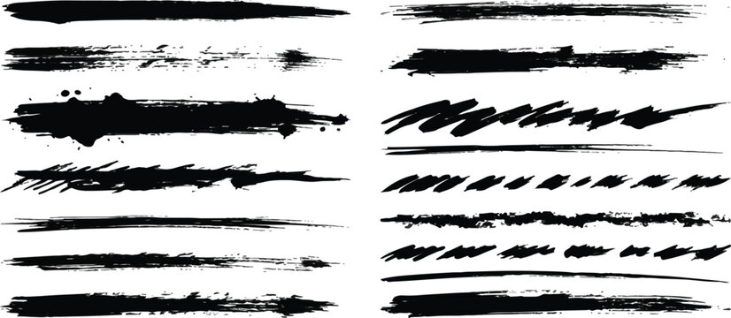 Collection of abstract black ink brush strokes and gritty lines with abstract isolated distressed calligraphy splatter handwritten brushwork