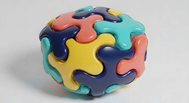 Abstract 3D corporate globe model built from interlocking colorful matte puzzle blocks