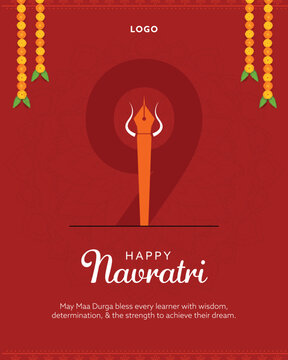 Happy Navratri Greeting Card with Illustration Goddess Durga Weapon of Trident and Hanging Flower Garland on Red Background for Indian Nine Nights Festival Spiritual Celebration.