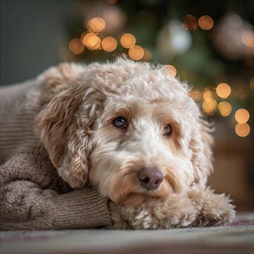 Dog rests on carpet near Christmas tree with lights
