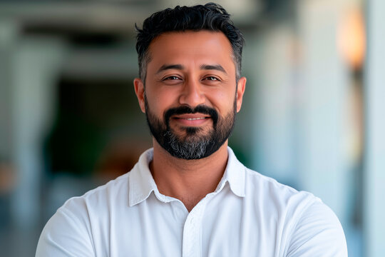Happy smiling bearded indian business man small business owner, company leader or sales manager, male hispanic ceo executive, successful lawyer looking at camera standing in office, headshot portrait.