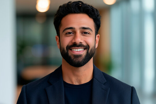 Happy smiling bearded indian business man small business owner, company leader or sales manager, male hispanic ceo executive, successful lawyer looking at camera standing in office, headshot portrait.