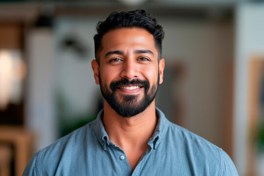 Happy smiling bearded indian business man small business owner, company leader or sales manager, male hispanic ceo executive, successful lawyer looking at camera standing in office, headshot portrait.