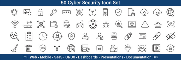 50 Cyber Security Line Icons Vector Set for Network Protection, Data Privacy, and Internet Safety UI UX Design © craftdrawing
