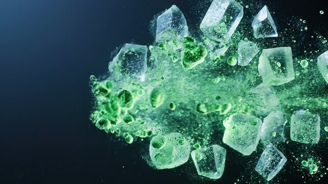 Microscopic ice cubes and green mint bubbles exploding on dark background for dental hygiene