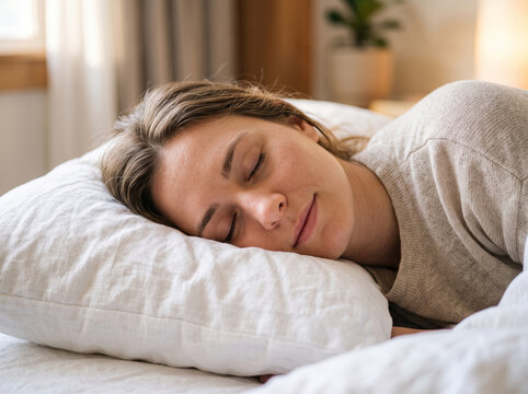 Woman sleeping soundly on soft white bed pillow in cozy bright bedroom