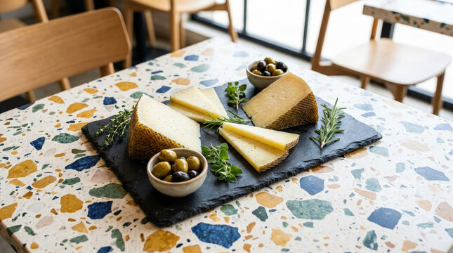 Manchego cheese platter with olives and fresh herbs on a slate board. Spanish tapas on a colorful terrazzo table
