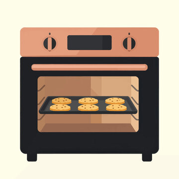 Modern kitchen electric stove oven with chocolate chip cookies baking on a tray inside the oven, warm home cooking concept, flat vector illustration of domestic appliance and food