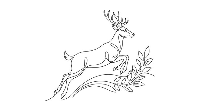 Deer jumping with plant branch, line art