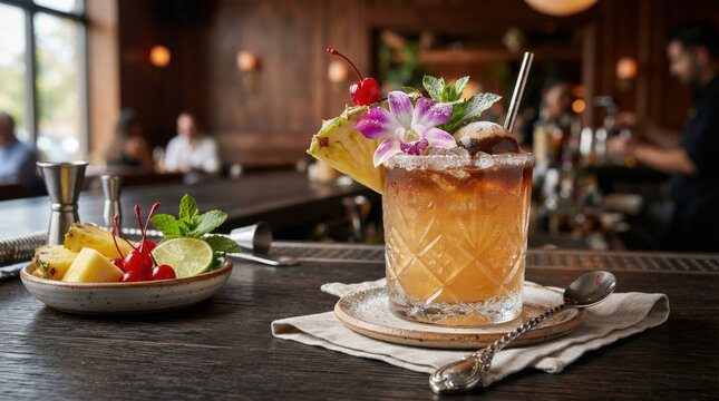 Mai Tai cocktail in a textured glass on a wooden bar counter. Tropical rum drink garnished with pineapple and orchid flower. Restaurant menu photography