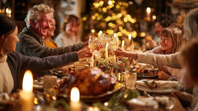 Family gathers around a table to celebrate a holiday dinner and share drinks together