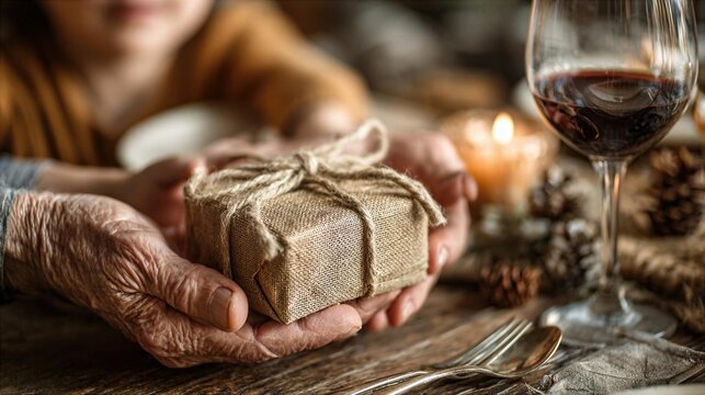 Gift exchange during a gathering with drinks and candles on a wooden table