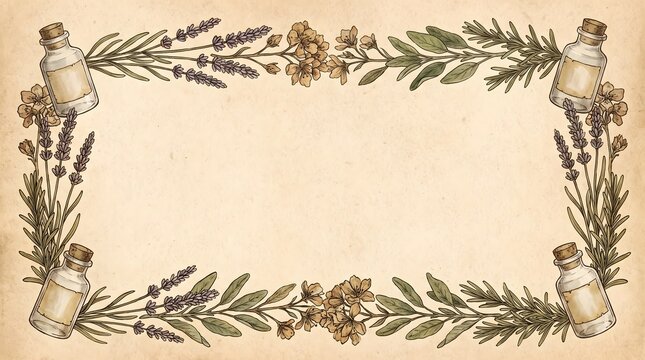Vintage Botanical Lavender and Essential Oil Bottle Floral Frame Border