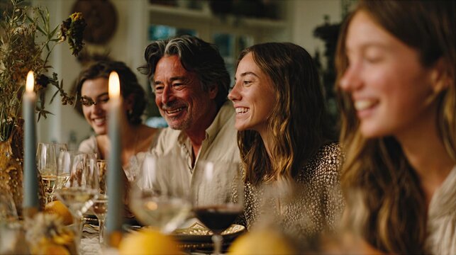 Family and friends enjoying dinner together at home during evening gathering