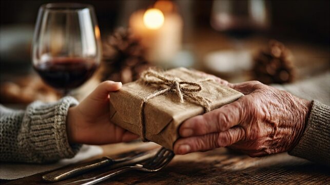 Gift exchange at a cozy dinner table with candles and drinks
