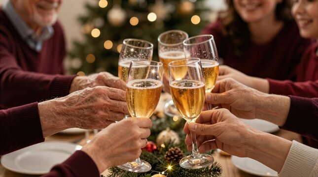 Celebration with glasses raised during holiday gathering at home