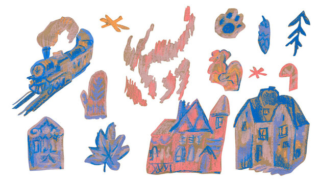 A collection of New Year's illustrations drawn with wax crayons on a white isolated background. Clip art featuring a train, snow, suitcases, signs, and the northern lights.