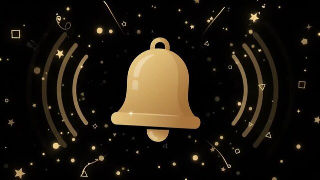 Golden ringing notification bell animation with sound waves and sparkles on black background