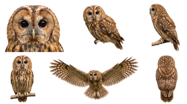 tawny owl (strix aluco) pose bundle featuring close-up and flying shots