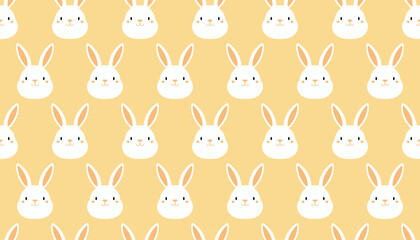 Fototapeta premium Kawaii rabbit, little bunny, hare face seamless pattern on orange, yellow background. Cute cartoon animal character. Kid nursery, textile print. Easter, Mid Autumn Festival design. Vector illustration