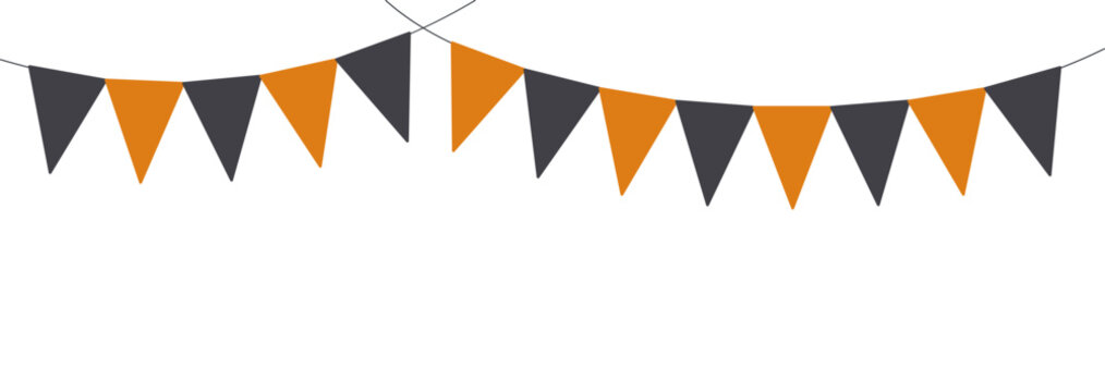 Halloween festive orange, black bunting, flags illustration. Decorative border, bunting, garland, festive banner. Autumn holiday design element. Vector clip art on transparent background
