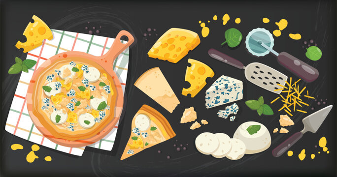 Four cheese pizza recipe constructor for menu showing dough base with sauce, finished pizza with Mozzarella, gorgonzola, parmesan, ricotta Quattro Formaggi slice and scattered ingredients chalkboard