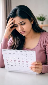 Young woman holding a calendar and looking worried while tracking missed menstrual periods.