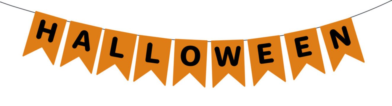 Halloween festive orange bunting, flags with black text illustration isolated. Decorative border, garland, festive banner. Autumn holiday design element. Vector clip art on transparent background