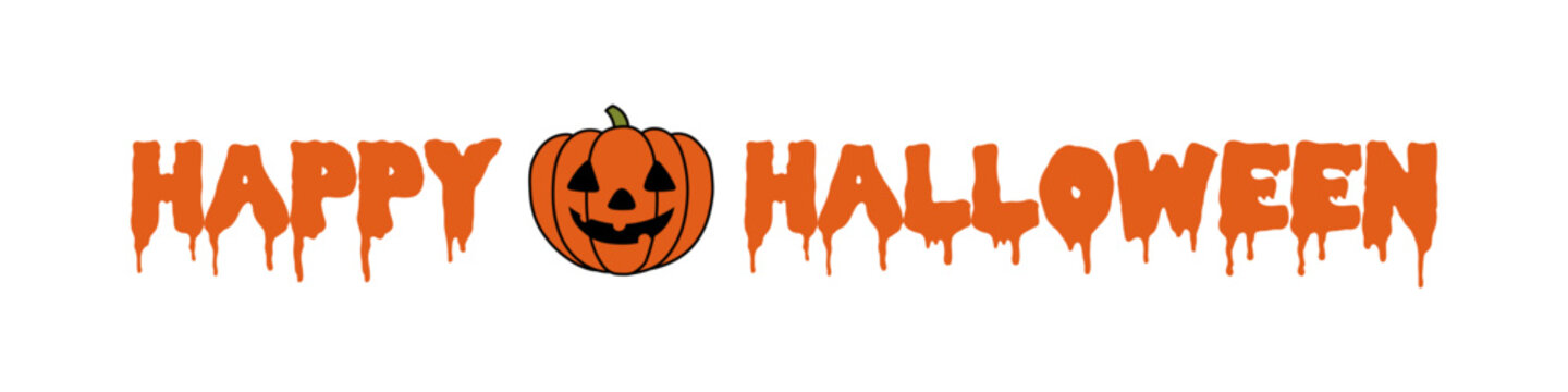 Happy Halloween orange text, letters, quote, jack o lantern pumpkin illustration isolated. Autumn holiday card, invite, banner design element. Vector clip art on transparent background